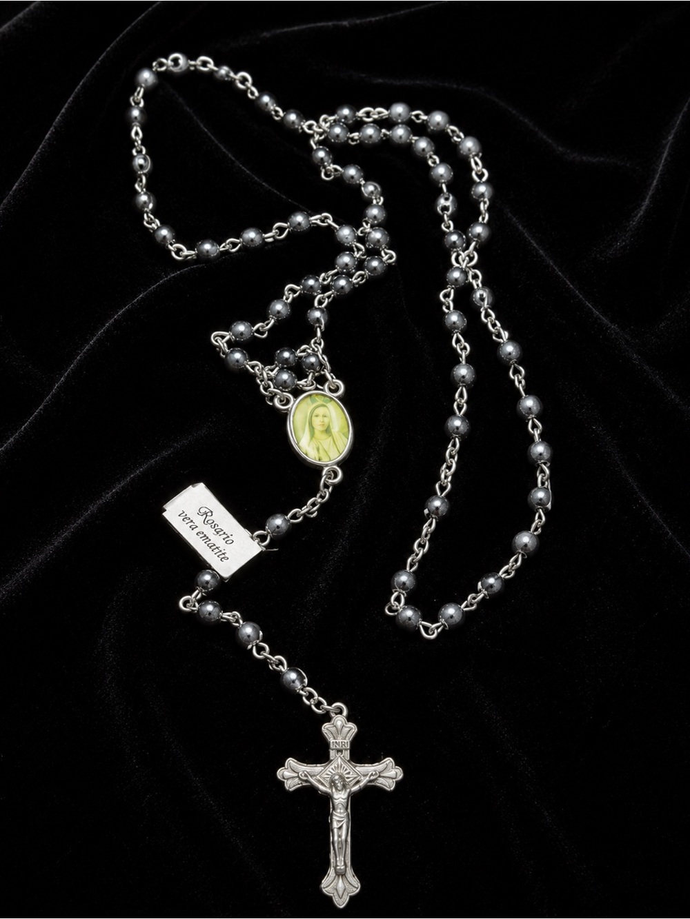 Vintage Italian Genuine Hematite Rosary Our Lady of Fatima Prayer Beads